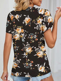 V-neck printed petal-sleeve loose pullover shirt