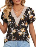 V-neck printed petal-sleeve loose pullover shirt