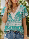 V-neck printed petal-sleeve loose pullover shirt