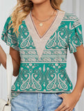 V-neck printed petal-sleeve loose pullover shirt
