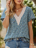 V-neck printed petal-sleeve loose pullover shirt