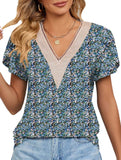 V-neck printed petal-sleeve loose pullover shirt