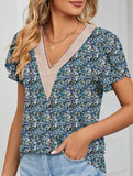 V-neck printed petal-sleeve loose pullover shirt