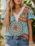V-neck printed petal-sleeve loose pullover shirt