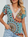 V-neck printed petal-sleeve loose pullover shirt