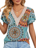 V-neck printed petal-sleeve loose pullover shirt