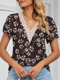 V-neck printed petal-sleeve loose pullover shirt