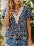 V-neck printed petal-sleeve loose pullover shirt