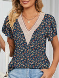 V-neck printed petal-sleeve loose pullover shirt