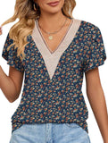 V-neck printed petal-sleeve loose pullover shirt