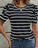 CASUAL LAMB LEG SLEEVE STRIPED CREWNECK T-SHIRT