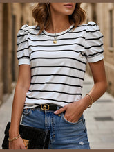 CASUAL LAMB LEG SLEEVE STRIPED CREWNECK T-SHIRT