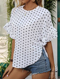 Polka Dot Batwing Sleeve Ruffle Loose Top ??Women's Lightweight Casual Blouse