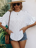 Polka Dot Batwing Sleeve Ruffle Loose Top ??Women's Lightweight Casual Blouse