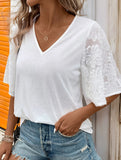 LACE-TRIM BELL SLEEVE V-NECK SOLID SHIRT TOP
