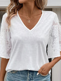 LACE-TRIM BELL SLEEVE V-NECK SOLID SHIRT TOP