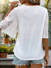 LACE-TRIM BELL SLEEVE V-NECK SOLID SHIRT TOP
