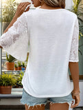 LACE-TRIM BELL SLEEVE V-NECK SOLID SHIRT TOP