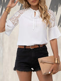 Lace Patch Tie Waist Blouse ??Adjustable Fit, XS?“XXL