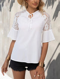 Lace Patch Tie Waist Blouse ??Adjustable Fit, XS?“XXL