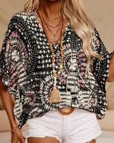 V-Neck Printed Resort-Style Bat-Sleeved Top ??Breezy & Chic Summer Essential