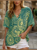 V-Neck Printed Resort-Style Bat-Sleeved Top ??Breezy & Chic Summer Essential