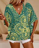 V-Neck Printed Resort-Style Bat-Sleeved Top ??Breezy & Chic Summer Essential