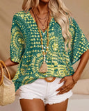 V-Neck Printed Resort-Style Bat-Sleeved Top ??Breezy & Chic Summer Essential