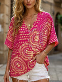 V-Neck Printed Resort-Style Bat-Sleeved Top ??Breezy & Chic Summer Essential