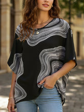 Casual Printed Bat Sleeve Top with V Neck and Loose Fit