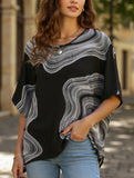 Casual Printed Bat Sleeve Top with V Neck and Loose Fit