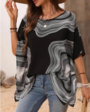 Casual Printed Bat Sleeve Top with V Neck and Loose Fit