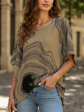 Casual Printed Bat Sleeve Top with V Neck and Loose Fit