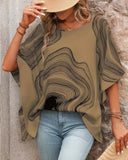 Casual Printed Bat Sleeve Top with V Neck and Loose Fit