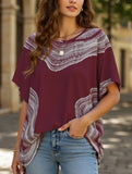 Casual Printed Bat Sleeve Top with V Neck and Loose Fit