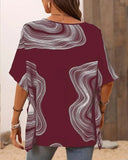 Casual Printed Bat Sleeve Top with V Neck and Loose Fit