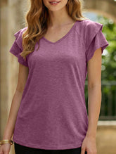 solid color V-neck double layer ruffle sleeve loose top T-shirt