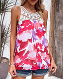 Sleeveless Crew Neck Cutout Print Blouse ??Summer Casual Top for Women