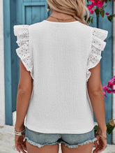 Casual V-Neck Lace & Cutout Top ??Stretchy Polyester Blend, S?“XL