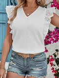 Casual V-Neck Lace & Cutout Top ??Stretchy Polyester Blend, S?“XL