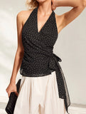 Polka dot sleeveless, cinched waist strap top