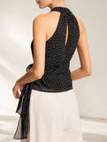 Polka dot sleeveless, cinched waist strap top