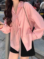 Solid Tie Front Long Sleeve Shirt