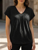 Solid color V-neck loose short-sleeved top for women