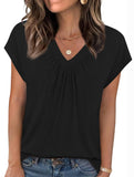 Solid color V-neck loose short-sleeved top for women