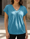 Solid color V-neck loose short-sleeved top for women