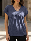 Solid color V-neck loose short-sleeved top for women