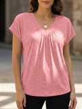 Solid color V-neck loose short-sleeved top for women