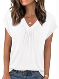 Solid color V-neck loose short-sleeved top for women