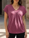 Solid color V-neck loose short-sleeved top for women